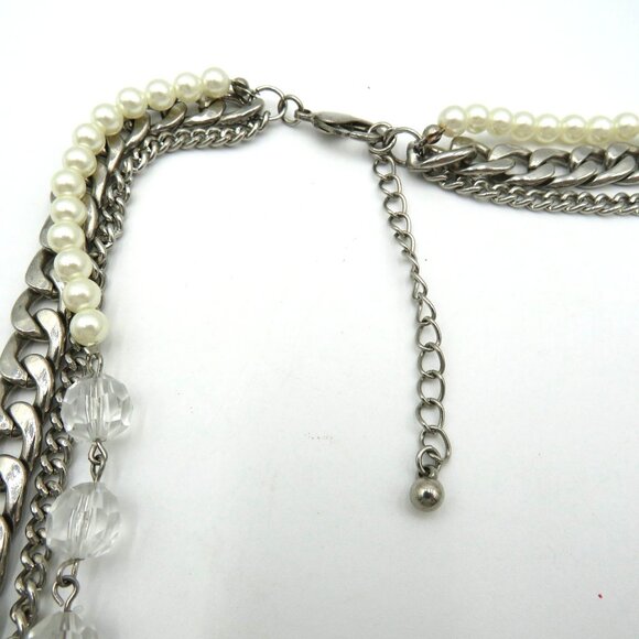 Layered Necklace 22" Silver Tone Chain Imitation Pearls Lucite Beads Multi Layer - Picture 6 of 13